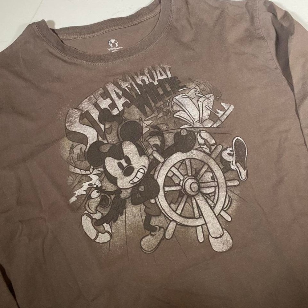 Disney Store Steamboat Willie Mickey Mouse Graphic Long Sleeve Shirt Brown Large